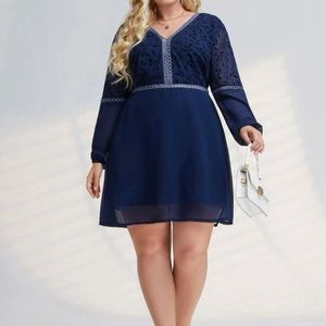 SHEIN Navy blue Chiffon Contrast Lace Leaf Print Dress 2XL(16).
